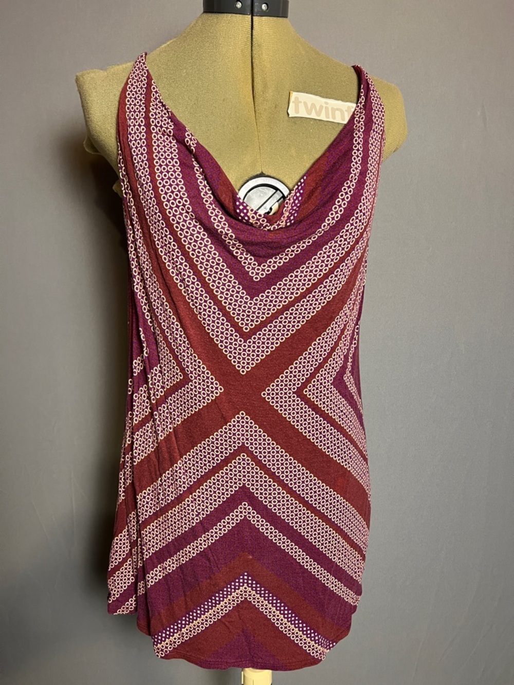 CAbi Wine and White Geometric Cowl-Neck Camisole